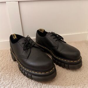 Dr. Martens Black Leather Platform Derbys with Yellow Stitching